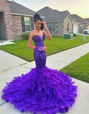 Purple Sweetheart Sequin Feathered Mermaid Prom Dresses 2025