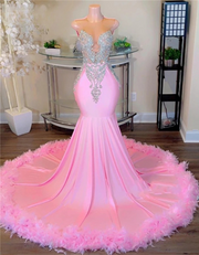 Sweet Pink Silver Crystal Beaded Feathers Mermaid Prom Dress