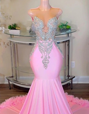 Sweet Pink Silver Crystal Beaded Feathers Mermaid Prom Dress