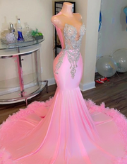 Sweet Pink Silver Crystal Beaded Feathers Mermaid Prom Dress