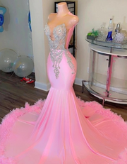 Sweet Pink Silver Crystal Beaded Feathers Mermaid Prom Dress