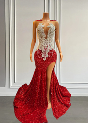 Red Sparkly Mermaid Sheer Sequins Prom Dress