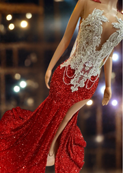 Red Sparkly Mermaid Sheer Sequins Prom Dress