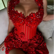 Red Blossom Beaded Charming Floral Birthday Dress