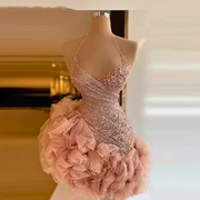 Dusty Pink Sequins Halter Sexy Back Ruffles Birthday Dress