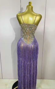 Keisha Sexy Luxury Rhinestones Sequins Tassel Mesh Long Dress
