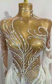 Close-up of rhinestone and pearl embellishments