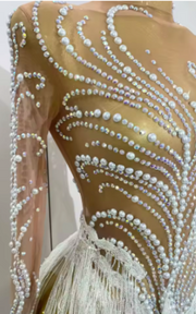 Close-up of rhinestone and pearl embellishments