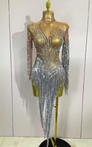 Front view of Imani Sparkle Tassel Rhinestone Dress