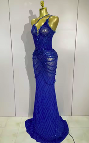 blue sparkly sequin crystal mesh one-shoulder maxi dress, perfect for evening parties, birthdays, and stage performances.