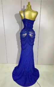 blue sparkly sequin crystal mesh one-shoulder maxi dress, perfect for evening parties, birthdays, and stage performances.
