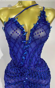 blue sparkly sequin crystal mesh one-shoulder maxi dress, perfect for evening parties, birthdays, and stage performances.