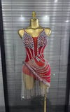 Zyah silver rhinestone chain transparent red birthday prom dress.