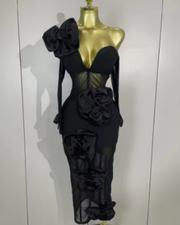 Nia Sexy One Shoulder Bow Mesh See Through Dress With Gloves