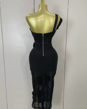 Nia Sexy One Shoulder Bow Mesh See Through Dress With Gloves