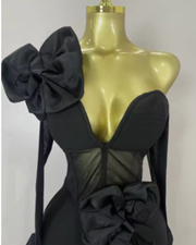 Nia Sexy One Shoulder Bow Mesh See Through Dress With Gloves