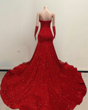 Zoe red rhinestone long prom dress with sparkling details and matching gloves.