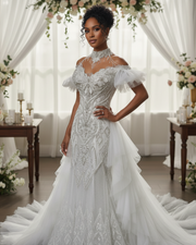 Luxury lace cap sleeve wedding gown with fitted bodice and flowing skirt for elegant bridal wear.