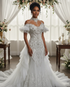 Luxury lace cap sleeve wedding gown with fitted bodice and flowing skirt for elegant bridal wear.