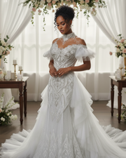 Luxury lace cap sleeve wedding gown with fitted bodice and flowing skirt for elegant bridal wear.