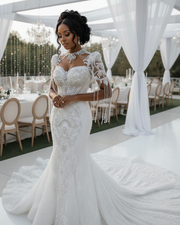 Summer mermaid wedding dress with high neck, fitted silhouette, and elegant detailing for brides.