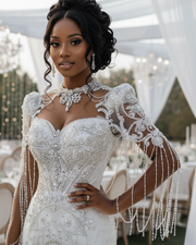 Summer mermaid wedding dress with high neck, fitted silhouette, and elegant detailing for brides.