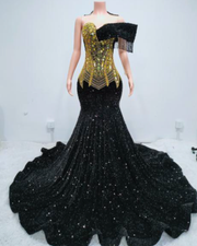 Off shoulder sequin mermaid prom dress with fringe details and geometric pattern