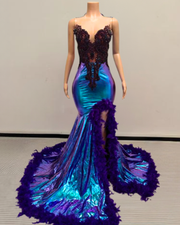 Holographic mermaid prom dress with purple feather trim and a high leg slit