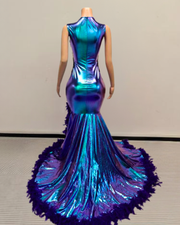 Holographic mermaid prom dress with purple feather trim and a high leg slit