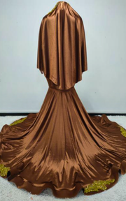 Brown and Gold Cleo beaded mermaid prom dress with detachable beaded cape for prom, evening parties, or red carpet events.