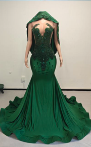 Emerald Green Cleo beaded mermaid prom dress with detachable beaded cape for prom, evening parties, or red carpet events.