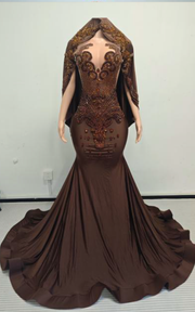 Dark Brown Cleo beaded mermaid prom dress with detachable beaded cape for prom, evening parties, or red carpet events.