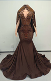 Dark Brown Cleo beaded mermaid prom dress with detachable beaded cape for prom, evening parties, or red carpet events.