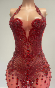 Halter birthday dress with sparkling beads, diamonds, and crystal details for parties and special occasions.