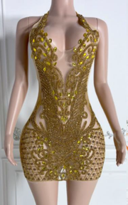 Halter birthday cocktail dress with rhinestones, beads, and crystal embellishments for parties and celebrations.