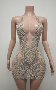 Halter birthday cocktail dress with rhinestones, beads, and crystal embellishments for parties and celebrations.