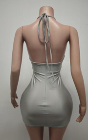 Halter birthday cocktail dress with rhinestones, beads, and crystal embellishments for parties and celebrations.