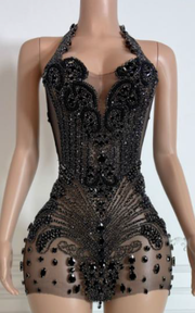 Halter birthday dress with sparkling beads, diamonds, and crystal details for parties and special occasions.