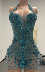 Halter birthday dress with sparkling beads, diamonds, and crystal details for parties and special occasions.
