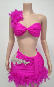 Strapless rhinestone two-piece dress with feather high-waist skirt for birthday and party wear.