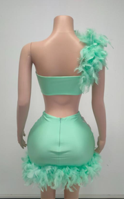 Strapless rhinestone two-piece dress with feather high-waist skirt for birthday and party wear.