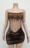 Brown crystal beaded birthday party gown for women with a fitted silhouette and elegant sparkle.