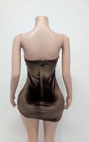 Brown crystal beaded birthday party gown for women with a fitted silhouette and elegant sparkle.