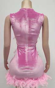 Sheer pink O-neck mini birthday dress with feather details and a fitted silhouette for women.