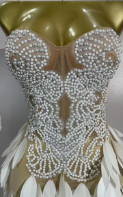 Strapless sheer mesh maxi dress with pearl embellishments for women’s elegant evening and birthday wear.