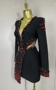 Camille sexy black bandage dress with long sleeves, deep V neckline, and rhinestone detailing for evening and birthday parties