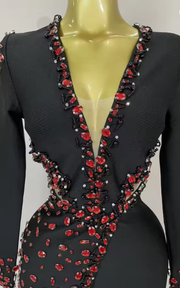 Camille sexy black bandage dress with long sleeves, deep V neckline, and rhinestone detailing for evening and birthday parties