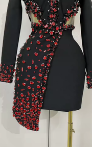 Camille sexy black bandage dress with long sleeves, deep V neckline, and rhinestone detailing for evening and birthday parties