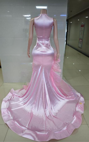 Carmela pink ruched high split rhinestone prom dress for women formal night