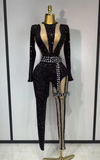 Renne sexy sparkly diamond black long sleeve bodycon mesh jumpsuit